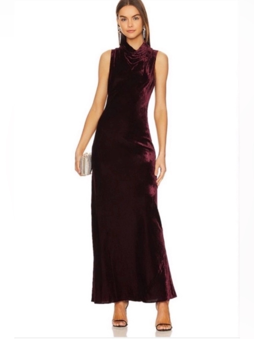 Veronica Beard Kura Crushed Velvet Cowl Neck Maxi Gown - Merlot. Size 12
